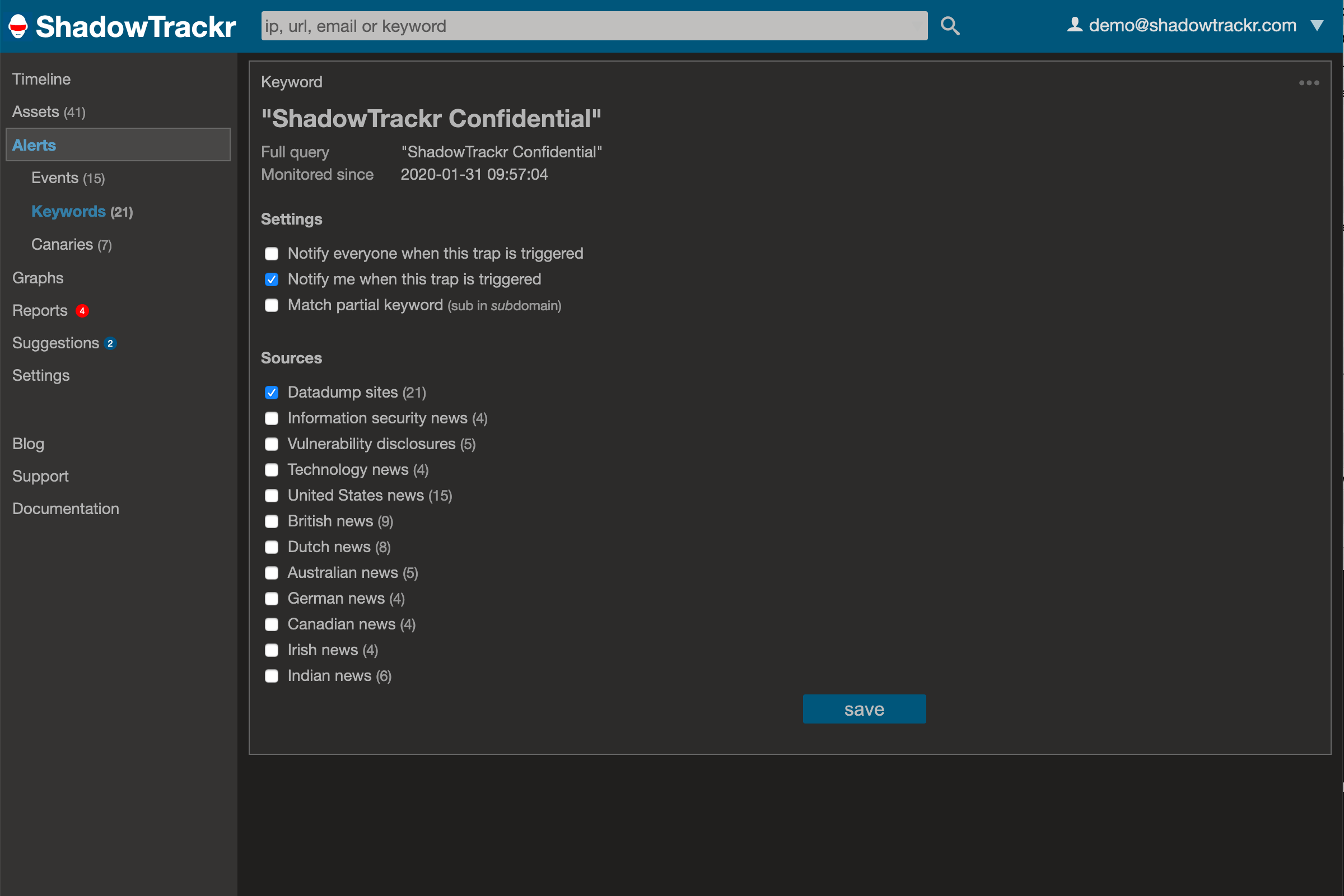 Monitor for keywords in dataleaks